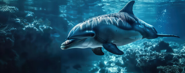 Fototapeta premium Dolphin swimming underwater under sea life with sunbeams