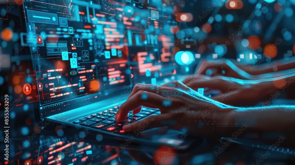 Poster close-up of hands typing on keyboards, with digital devices and screens showing business network con