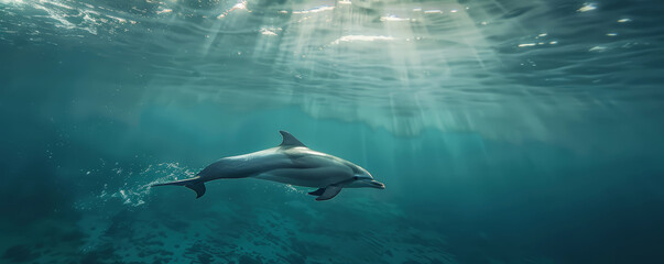 Obraz premium Dolphin swimming underwater under sea life with sunbeams