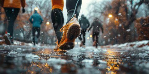 Fototapeta premium Close-up of runners' shoes on wet pavement during a winter run, showcasing dedication and fitness in harsh weather.