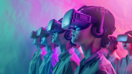 People wearing virtual reality headsets in a neon-lit environment, futuristic technology concept