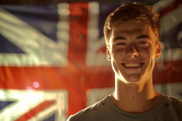 Young Man with British Flag Background, Displaying Confident Smile