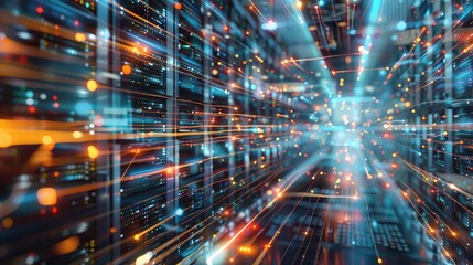 Side view of a data center with rows of servers and a digital overlay of data flow and network connections