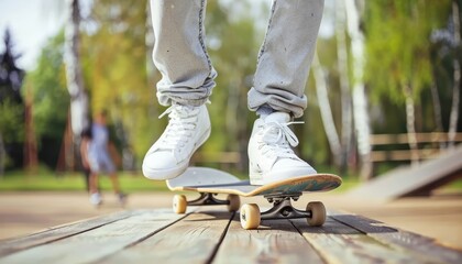 Skateboarder s shoes gripping deck in trick, embodying summer olympics sport concept