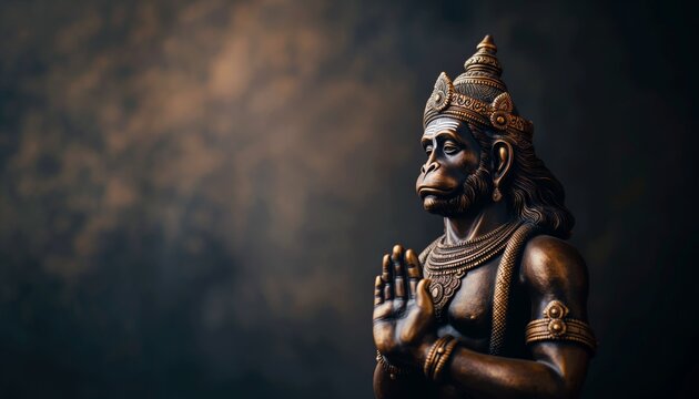 Statue of the god Hanuman in a pose of reverence on an empty background