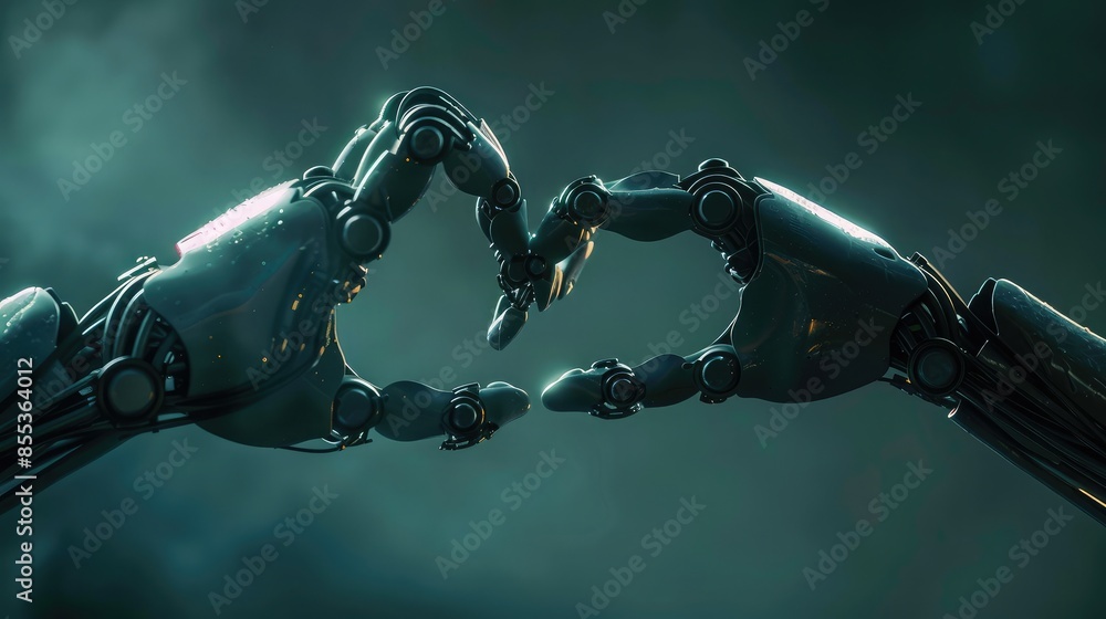Poster side view of a human and robotic hand forming a heart shape together, symbolizing unity and harmony 