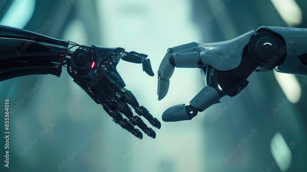Aufkleber side view of a human and robotic hand forming a heart shape together, symbolizing unity and harmony 