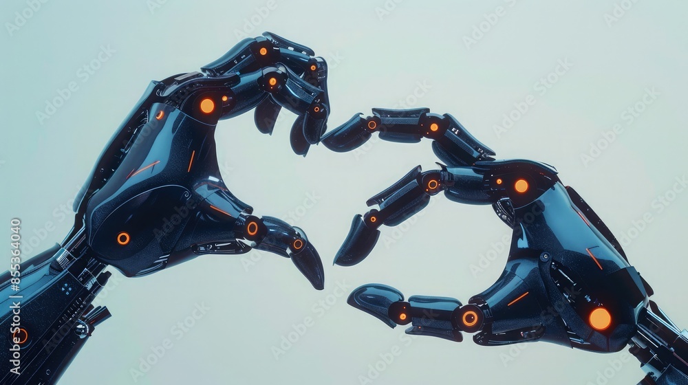 Poster side view of a human and robotic hand forming a heart shape together, symbolizing unity and harmony 