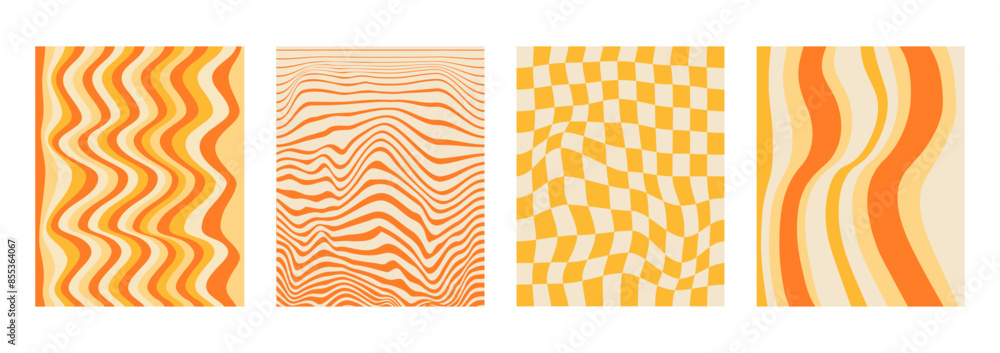 Poster set and collection of trendy twirl backgrounds in hippie and y2k style. distorted posters. waves, he
