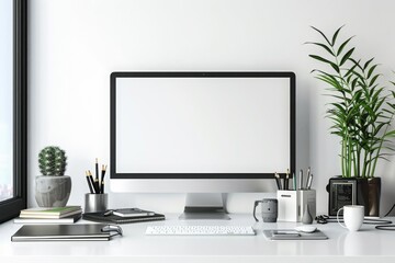 Front view desk with workplace, office supplies, and copy area against white wall. Generative AI 