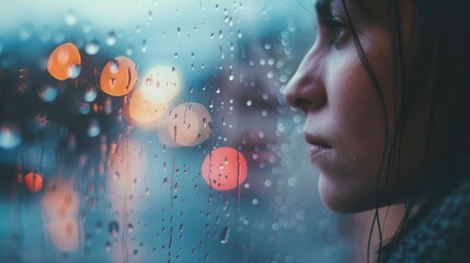 Naklejka premium Side view of a person looking out of a rain-soaked window, with raindrops on the glass and a blurry outdoor scene