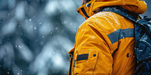 A person wearing a bright yellow jacket stands in a snowy forest, emphasizing winter outdoor adventure and cold weather gear.