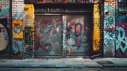 Fototapeta premium Side view of an industrial metal door in an urban setting, with graffiti and street art around it
