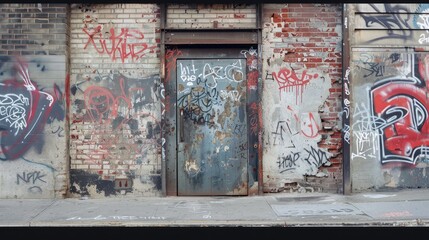 Side view of an industrial metal door in an urban setting, with graffiti and street art around it