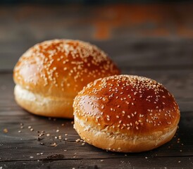 Delicious Handmade Sesame Buns on Wooden Tabletop