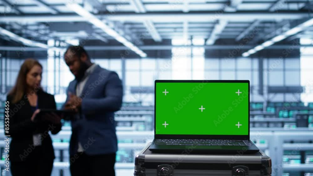 Poster isolated screen laptop in data center running error checking software monitoring hardware bugs. clos