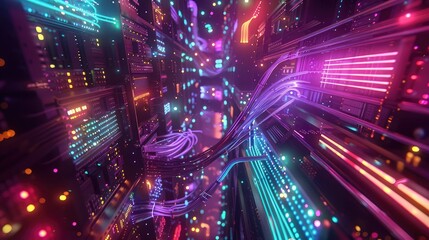 Fototapeta premium Top-down view of a glowing network server room, with data cables and LED indicators highlighting the connections