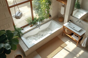 Top view of light bathroom interior with bathtub, sink and panoramic window
