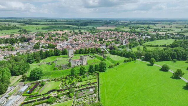 Helmsley Castle from a drone, North York Moors National Park, North Yorkshire, England