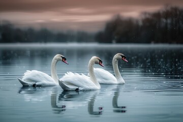 Trio of swans on a misty lake at sunset, providing a serene and tranquil scene