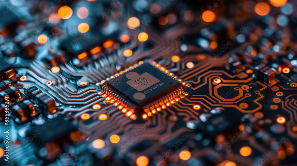 Poster close-up of a microchip on a circuit board, highlighting electronic components and glowing lights, r