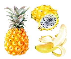 A pineapple, a dragon fruit, and a banana on a white background