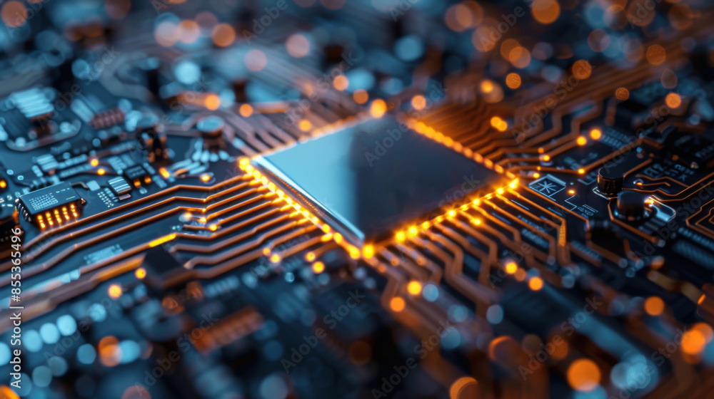 Poster close-up of a security chip on an electronic circuit board, emphasizing data protection and cybersec