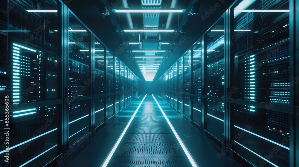 Poster wide-angle shot of a futuristic ai data center with rows of servers and advanced cooling systems