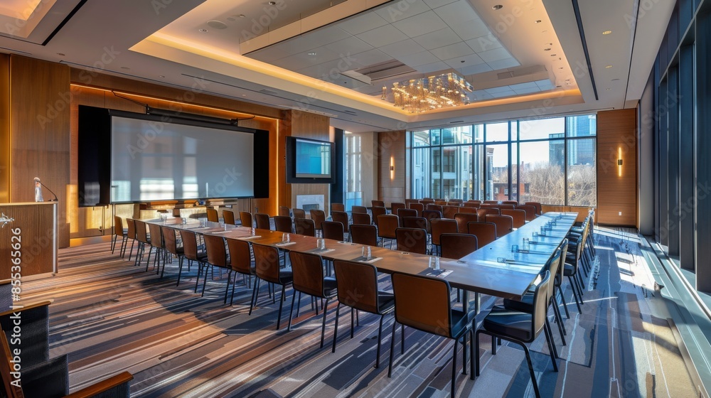 Aufkleber a modern conference room with a large projector screen, wooden floors, and rows of tables and chairs