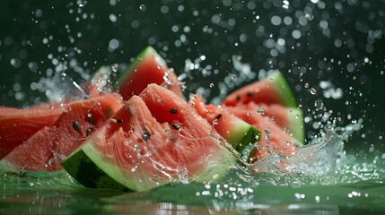 Water splashing on Sliced of watermelon on green background.