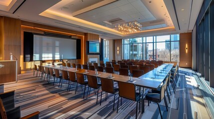 A modern conference room with a large projector screen, wooden floors, and rows of tables and chairs arranged in a U-shape. Sunlight streams in from large windows overlooking a city skyline.