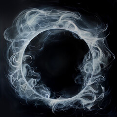 A white smoke ring in a circular shape against a black background