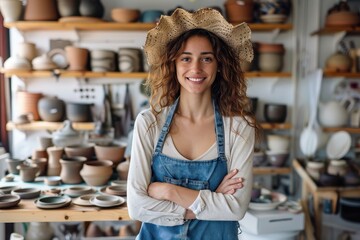A radiant female potter wearing a straw hat poses confidently in her ceramic workshop, surrounded by her artisanal creations