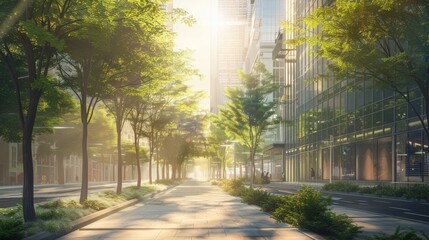 Obraz premium Sunlit City Street, Green Trees, Modern Buildings, Serene Atmosphere