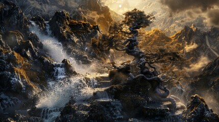 Epic Fantasy Landscape: Towering Cliffs, Waterfalls, and Ruins in a Mystical Forest with a Radiant Sunset