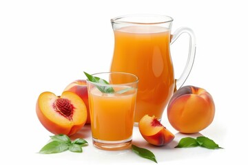 refreshing peach juice in jug and glass freshly made fruity beverage isolated on white background