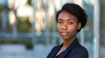 Obraz premium Professional Headshot of Happy Young Black Businesswoman in Modern Office