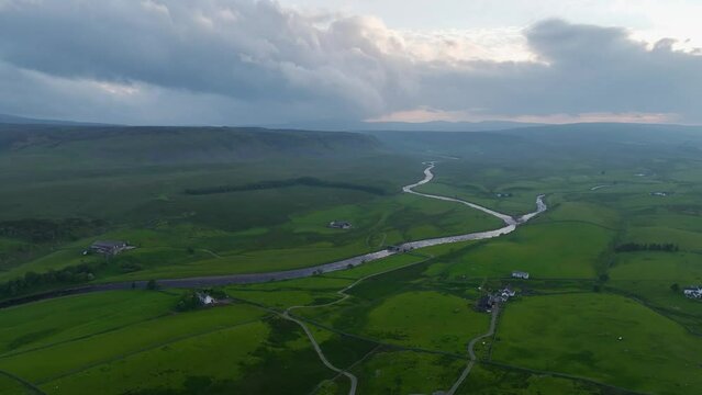 Upper Teesdale and River Tees from a drone, Forest-in-Teesdale village, County Durham, England