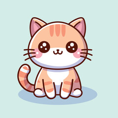 Delightful kawaii c atwith a wide smile, large ears, and blushing cheeks. The cat is illustrated in a cute, playful cartoon style on a soft blue background.