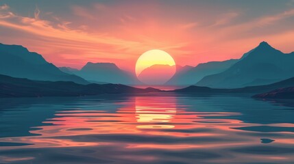 Serene Sunset View Over Calm Lake, with Majestic Mountains in the Background