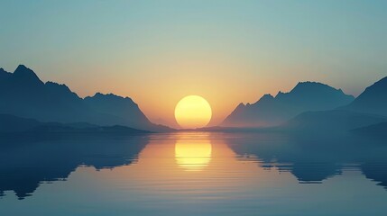 Sunrise Over a Calm Lake with Mountainous Landscape in the Background