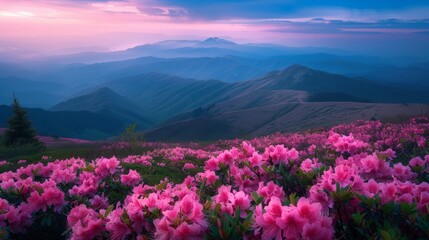 Serene Mountain Sunrise with Blossoming Flowers and Pink Flower Fields, Nature's Spectacle