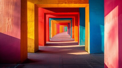 Fototapeta premium Colorful Walkway: Vibrant Perspective with Rainbow Pillars in a Modern Architectural Setting