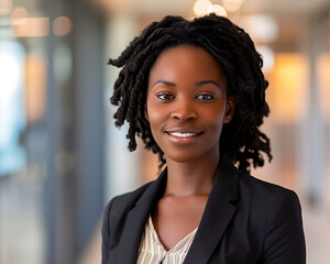 Obraz premium Black Businesswoman Headshot: Modern Office Hallway, Professional Attire