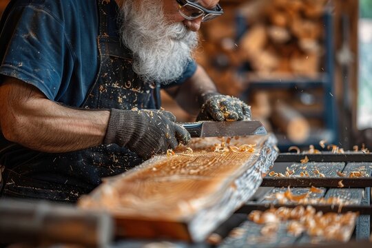 A senior craftsman is planing a wooden log, creating wood curls in a workshop setting, highlighting traditional woodworking techniques - Powered by Adobe