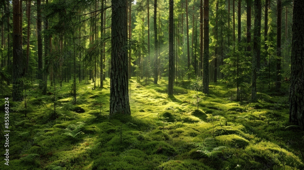 Poster background image of sunlight filtering through a dense green forest, highlighting the tranquility an