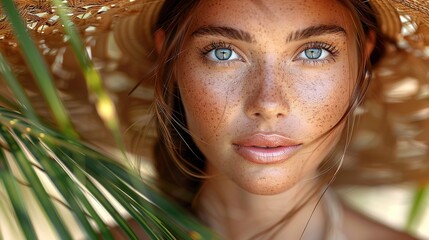 beautiful woman close-up portrait with palms reflections in sunglasses, summer or spring break vibes