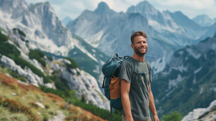 Naklejka premium Man smiles as he hikes through the mountains, enjoying the breathtaking view