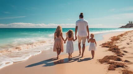 Fototapeta premium Family Walking on a Sandy Beach During a Sunny Day