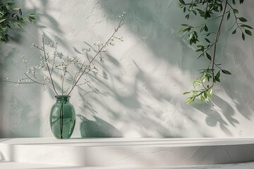 Soft sunlight streams through a window, casting intricate shadows around a vase with white blossoming branches